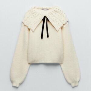 ZARA Ruffled Cable Knit Sweater Ecru with Pearls and Bow Size Small 4331/003
